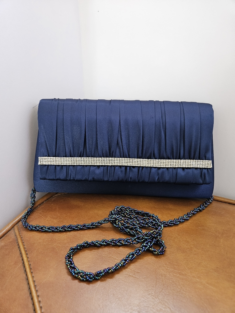 Nina Navy Satin Evening Bag Purse Clutch Pleated W/ Rhinestones And Beaded Strap